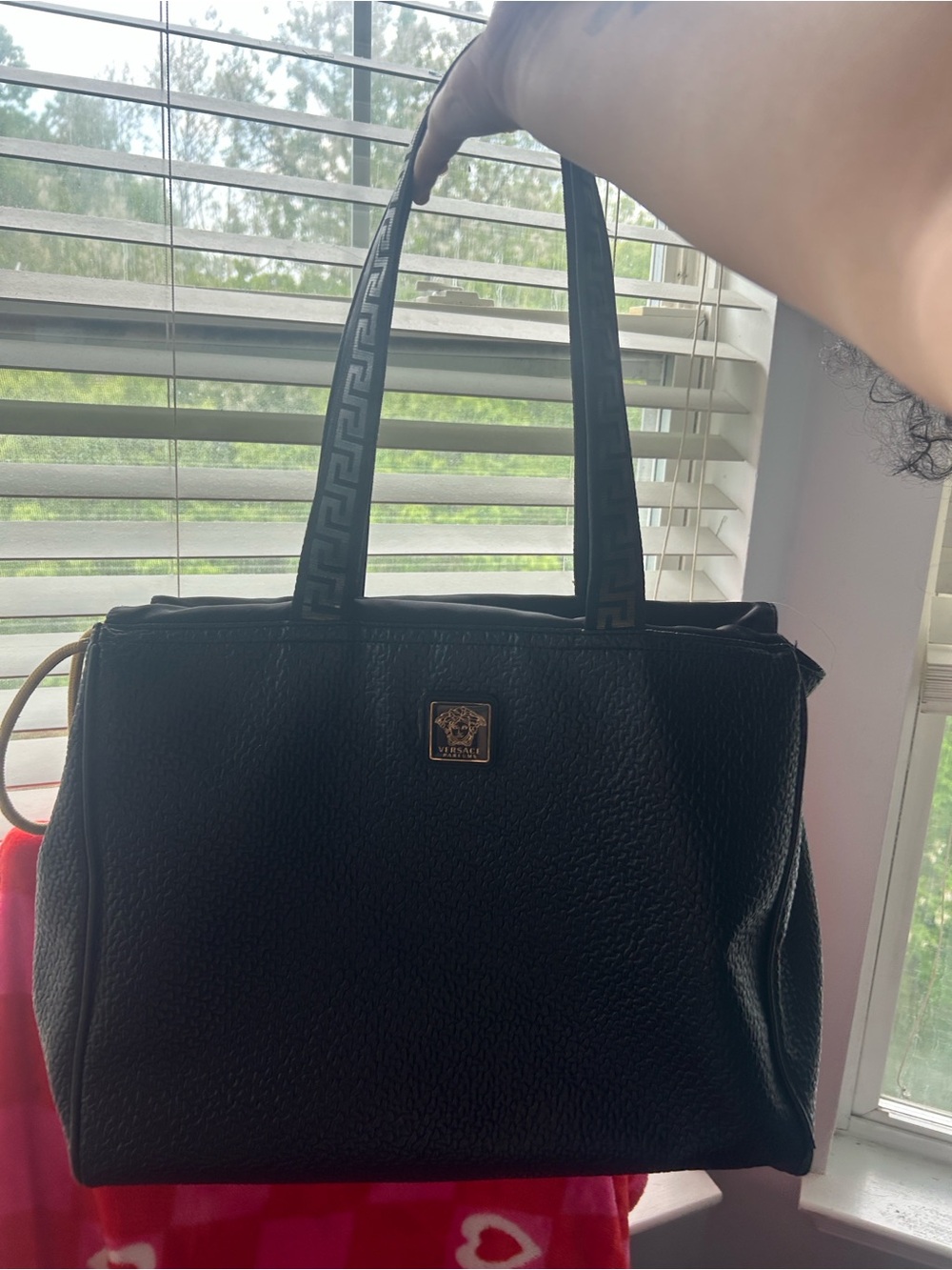 Versace Black Textured Leather Tote with Gold Medallion
